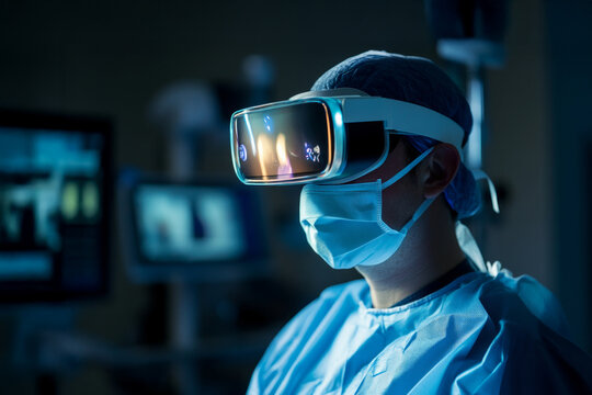Surgeon wearing augmented reality glasses focuses on complex surgery. Advanced technology enhances visualization and precision in a contemporary operating theater.