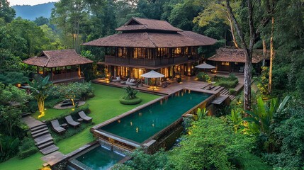 Naklejka premium Relaxing retreat amidst lush greenery luxury villa tropical paradise evening serenity aerial view tranquil escape