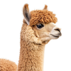 Obraz premium Side view of a cute brown alpaca head close-up with fluffy fur and clear eye, cut out, isolated on a transparent background, no shadow