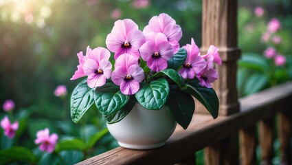 Fototapeta premium African violet with pink blooms in a pot