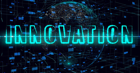 Innovation title, Animation of data processing over globe. Global artificial intelligence, computing, digital interface and data processing