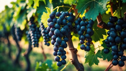 Fototapeta premium Vibrant grapes hanging from a healthy, green vine ready for harvest