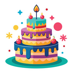 Colorful Cartoon Two Tiered Birthday Cake with Candle
