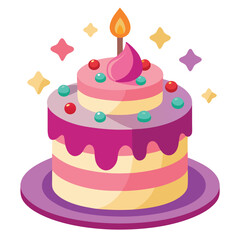 Colorful Cartoon Two-Tiered Birthday Cake with Candle