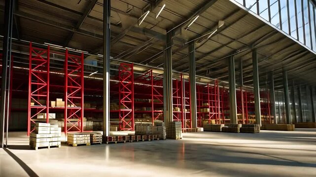Vast warehouse interior with tall shelves, sunlight, and boxes