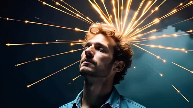 Brainwave idea, a man with illuminated thoughts exploding from the back of his head
