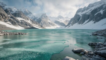 Obraz premium A calm glacier lake shows the snowy mountains against a bright sky.