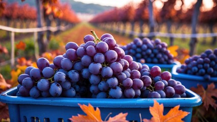 Wine crafting and grape harvest. Blue vines. Grapes for ice wine in a harvesting container. Close-up of frozen vines in a vineyard during autumn.