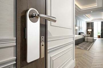 blank door hanger mockup on modern hotel room door handle 3d rendering
