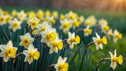 Obraz premium Bright yellow daffodils in full bloom clustered together, beautifully lit by sunlight in a field