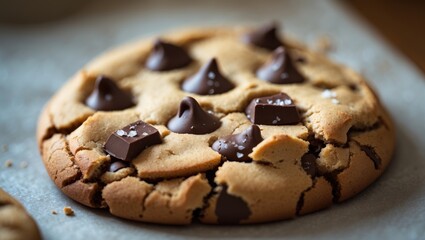 A vintage photo showcasing perfect chocolate chip cookies prepared with a blend of flours, browned butter, bittersweet chocolate, and sea salt.