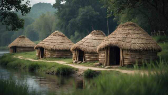 Old stone age fisherman's shelter by the river during the Mesolithic period