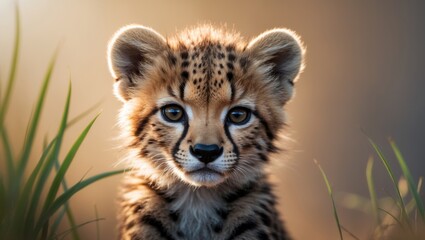 Portrait of a tiny cheetah cub with a cute expression looking directly at the camera with a plain background