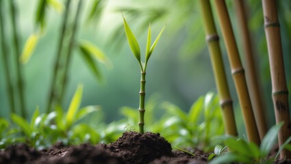 Emerging bamboo shoot from the soil amidst the undergrowth