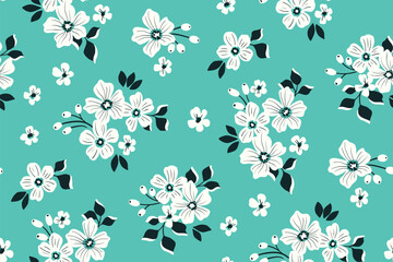 Seamless floral pattern, liberty ditsy print with simple plants in folk motif. Cute botanical design of small hand drawn white flowers, tiny leaves, pretty decorative bouquets. Vector illustration. © Yulya i Kot