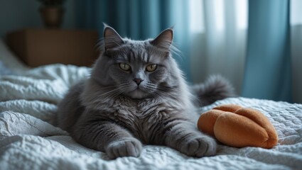 A beautiful gray domestic cat lounging on a bed with a white bedspread and a soft toy