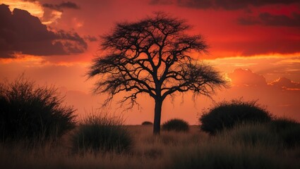 Obraz premium Tree and shrub silhouettes against a fiery sunrise sky during a cloudy day in the bushveld contrast photo