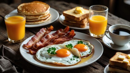 Classic American breakfast including sunny side up eggs, bacon, toast, pancakes, coffee, and juice