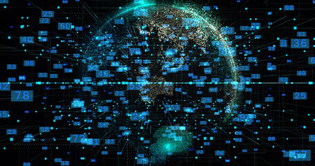 Digital Hologram Technology Concept. Futuristic Particle Earth, numbers grid, Business Global Network Map. Cyberspace Background. Motion Abstact 3D Animation