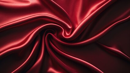 Fototapeta premium Top-down view of a red satin surface showcasing elegance and beauty with shimmering waves and abstract background design, suitable for copy space