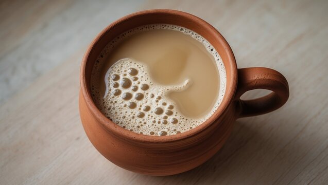 Aerial view of a milk tea in a clay cup resting on a light wooden surface