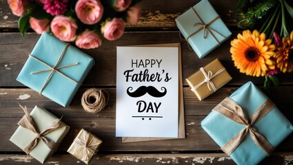 On a decorated distressed wooden table, a heartfelt letter is placed among blooming bouquets of flowers and gifts