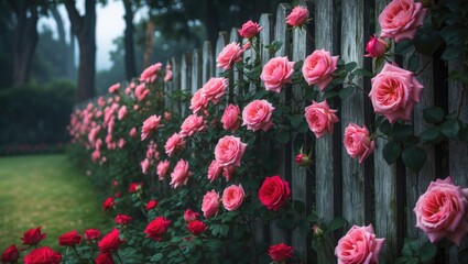 Beautiful climbing roses adorning a rustic wood fence