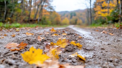 Autumn Trail Covered in Mud and Leaves