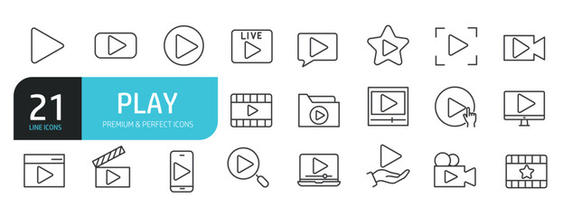 Set of line icons related to media player, play, audio, video. Outline icons collection. Editable stroke. Vector illustration
