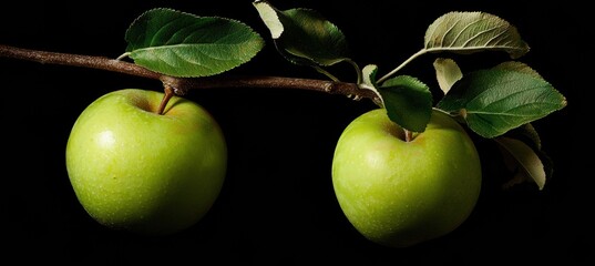 Bright red apples hanging from a rustic branch against autumn leaves