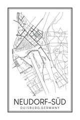 Hand drawn printable downtown road map poster of borough NEUDORF-SÜD of the German city of DUISBURG on solid white background with city name