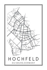 Hand drawn printable downtown road map poster of borough HOCHFELD of the German city of DUISBURG on solid white background with city name