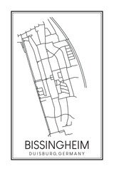 Hand drawn printable downtown road map poster of borough BISSINGHEIM of the German city of DUISBURG on solid white background with city name