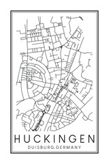 Hand drawn printable downtown road map poster of borough HUCKINGEN of the German city of DUISBURG on solid white background with city name