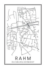 Hand drawn printable downtown road map poster of borough RAHM of the German city of DUISBURG on solid white background with city name