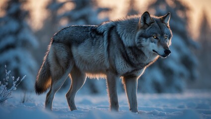 Controlled environment image of an adult Gray Wolf in winter, large canine mammal at dawn, hunting as an apex predator in the snow