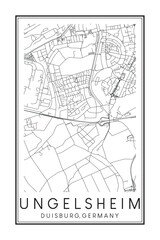 Fototapeta premium Hand drawn printable downtown road map poster of borough UNGELSHEIM of the German city of DUISBURG on solid white background with city name