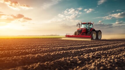 Fototapeta premium Sunset Tractor Farming: Agriculture at Golden Hour