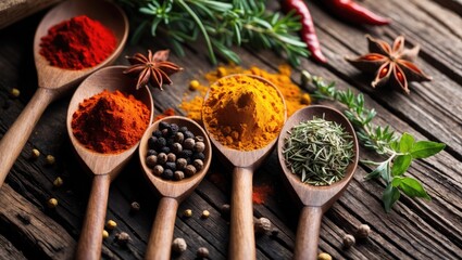 Top-down look at assorted colorful spices on a traditional wooden table.