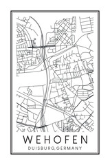 Obraz premium Hand drawn printable downtown road map poster of borough WEHOFEN of the German city of DUISBURG on solid white background with city name