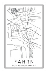 Hand drawn printable downtown road map poster of borough FAHRN of the German city of DUISBURG on solid white background with city name