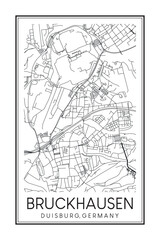 Hand drawn printable downtown road map poster of borough BRUCKHAUSEN of the German city of DUISBURG on solid white background with city name