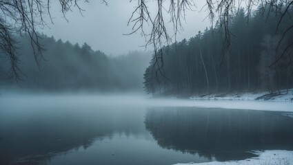 Obraz premium A peaceful winter tableau showcasing an icy lake and a snow-blanketed forest, accompanied by overhanging branches.