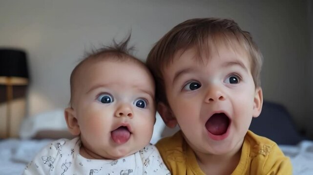 Two young children are smiling and making funny faces at the camera. Scene is lighthearted and playful
