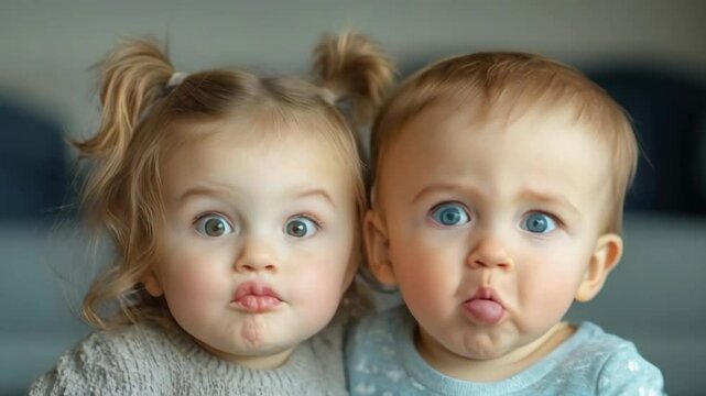 Two babies with blue eyes and pink lips are kissing each other. Scene is playful and affectionate