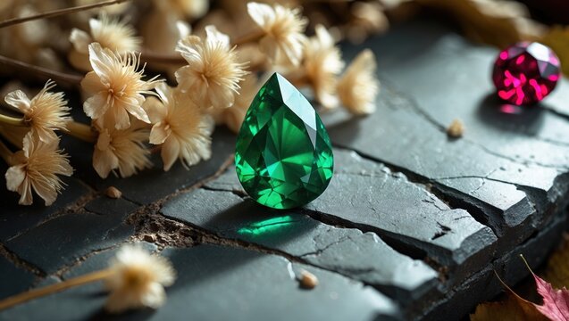 A red ruby jewel atop a stone and leaf