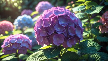 Close-up shot of vibrant hydrangeas in a garden, highlighting a vivid purple bloom among green foliage and multi-colored hydrangeas