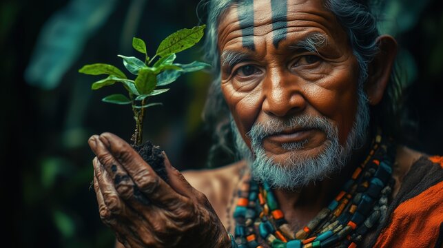 A tribal elder wearing eco-upcycled jewelry holding a tiny sapling on his palm as a floating holographic rainforest regrows behind him. 