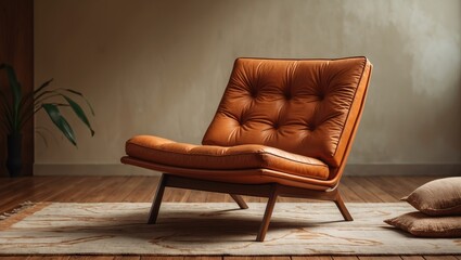 A fashionable lounge chair characterized by a smooth frame and plush leather cushions rests stylishly in a modern setting featuring warm wooden floors