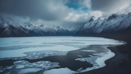 Fototapeta premium Drone captures an aerial view of a winter scene with snow-covered terrain, majestic mountains in the background, and a frozen polar ocean beneath a bright blue sky on a sunny day